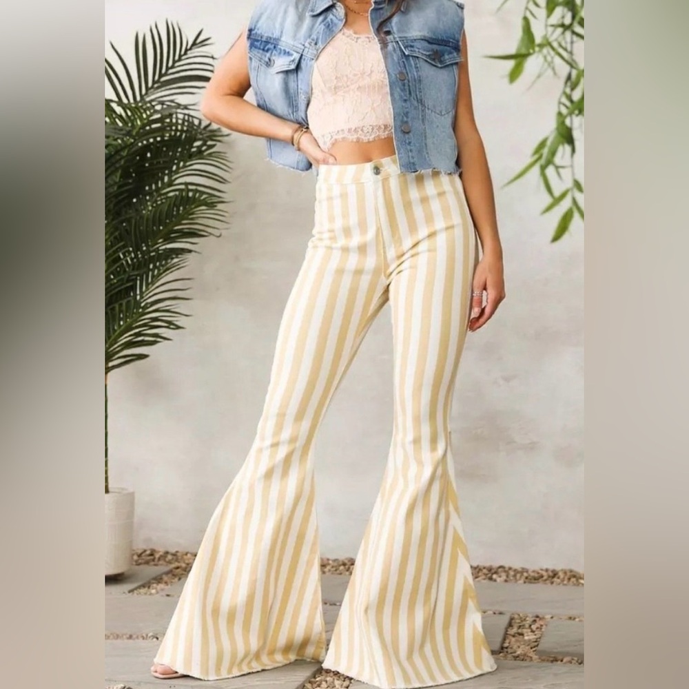 Peach Love California Striped Stretch Denim Bell Bottom Flare Pants XS Boho